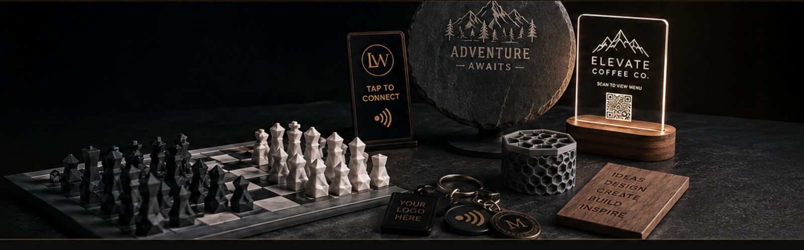 Custom Light Work Designs pieces: a 3D printed chess set, an NFC tap-to-connect card, a laser-engraved slate adventure coaster, an illuminated acrylic menu stand, a honeycomb-textured box, NFC keychains, and an engraved wood plaque reading Ideas Design Create Build Inspire.